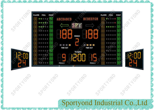 Electronic basketball scoreboard with shot clock and play time display