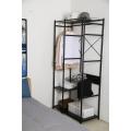 clothes rack with black metal display