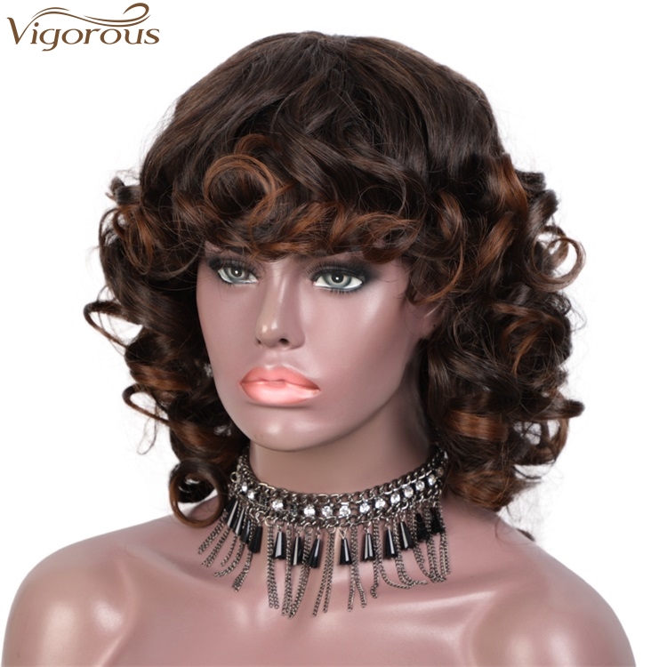 Vigorous Short Curly Wig With Bangs For Black Women Mixed Black And Brown Glueless Party Wig Synthetic Heat Resistant Hair Wig