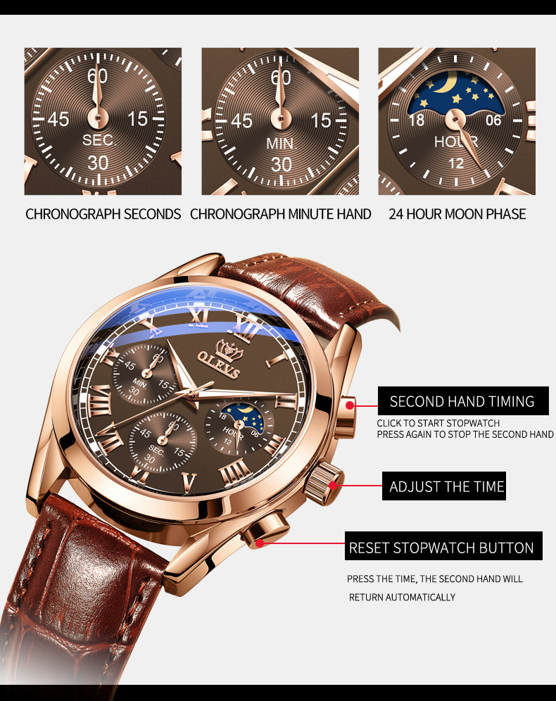 OLEVS 2871 Multifunctional Sports Watches Leather Luxury Fashion Genuine Leather Man Wristwatch Waterproof Luminous Men's Watch
