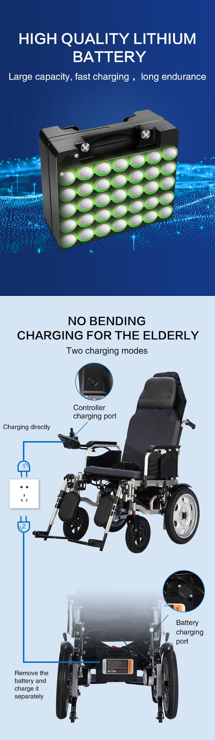 Tilting High Backrest Recline Brush Motor Power Electric Wheelchair for Handicapped