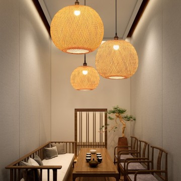 Bamboo Weave Chandelier: Rustic Carved Wood Pendant Lamp