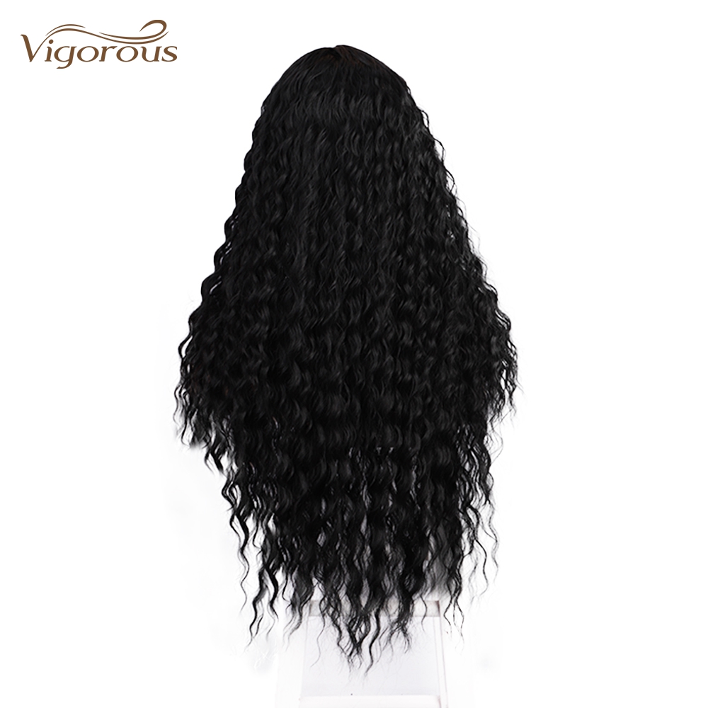 Vigorous Cheap Price Long Jerry Curl Black Heat Resistant Fiber Middle Part Natural Hairline For Black Women Synthetic Hair Wigs