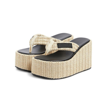 Raffia Platform Thong Sandals Wedge Soft Rubber