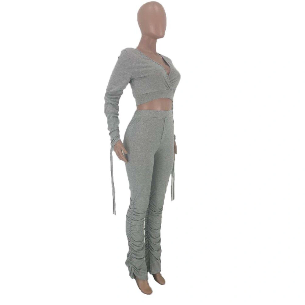 Sexy V Neck Grey Elastic Polyester Cotton Grey Women Sweat Ruched Stacked Pants