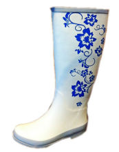 White Blue Flower Half White Womens Rain Boot Size 37 / 38