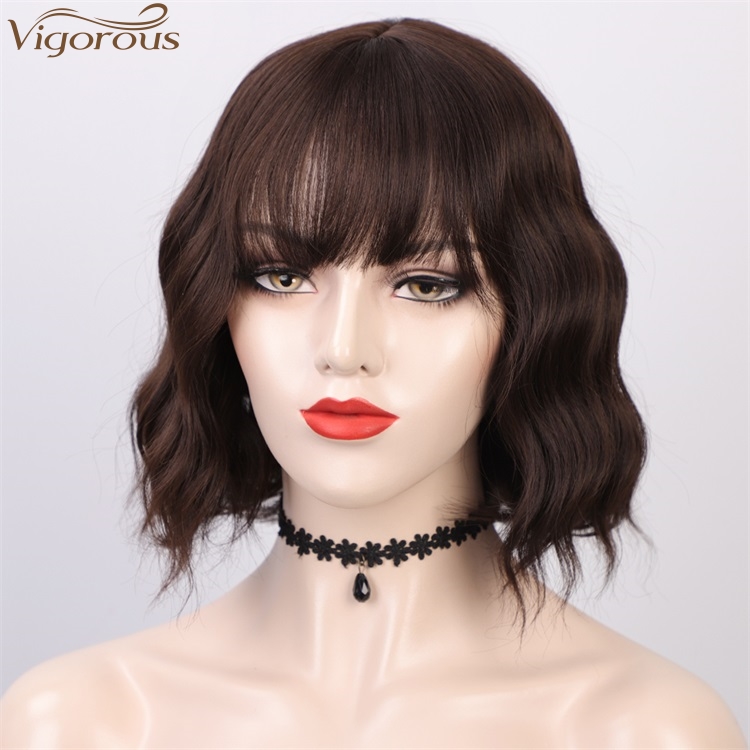 Vigorous New Style Short Bob Brown Wig With Bangs Wavy Wig Heat Resistant Synthetic Fiber Wigs For Black White Women