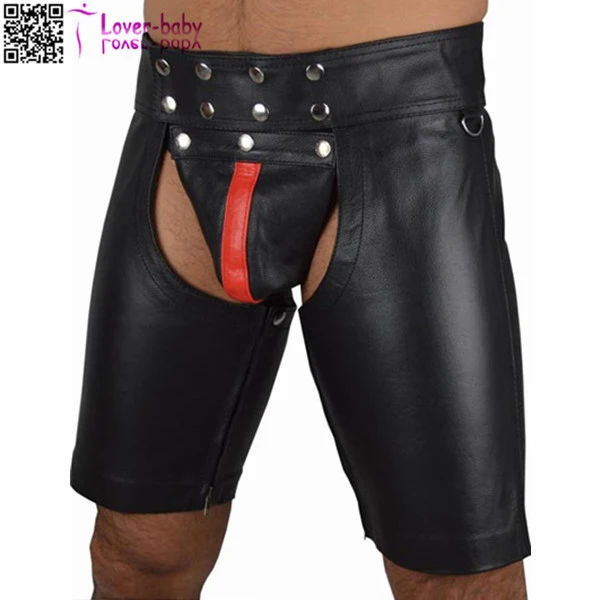 Men Black Leather Short Pants L533