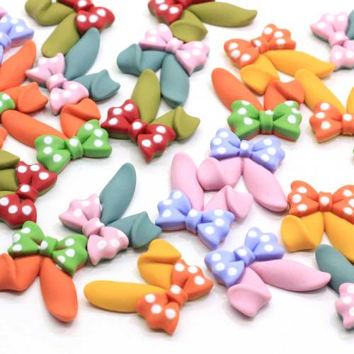 23 * 24MM 100 sztuk żywica Flatback Bunny Ear Cabochons Kawaii żywica królik Bunny Ear z łuk w kropki tworzenie biżuterii DIY