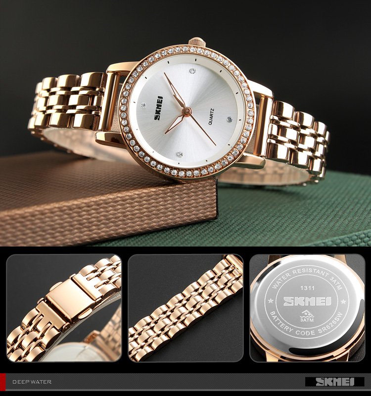 Wholesale Price Design Own Logo Skmei 1311 Stainless Steel Band Japan Battery Waterproof 3 ATM Rose Gold Lady Quartz Watch