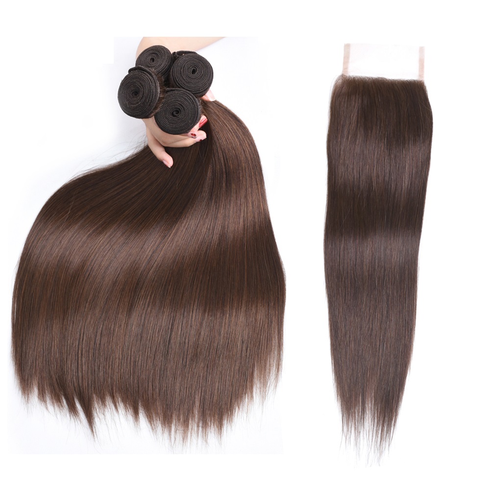 Double Weft Natural Dark Chocolate Brown Color #4 Brazilian Virgin Human Hair Closure With Bundles, Brown Color Straight  Hairs