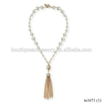 Simulated Pearl Long Tassel Necklace