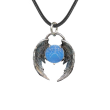 Opalite10MM Balls Silver Alloy Angle Wing Pendant Necklace 45cm Black Cord