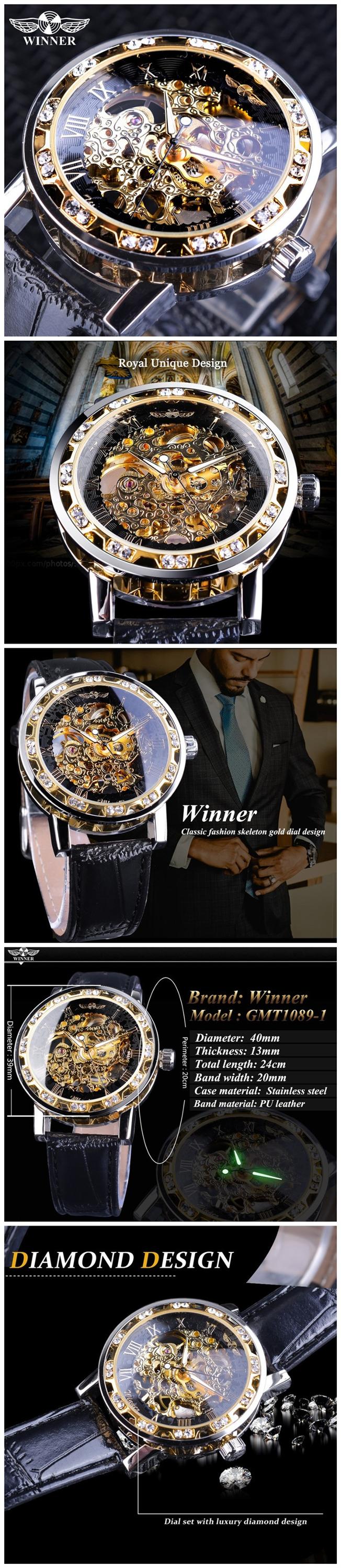 Winner SLZg48 Classic Rhinestone Clock Roman Analog Male Skeleton Clocks leather Band Automatic Mechanical Watch Luminous Hands