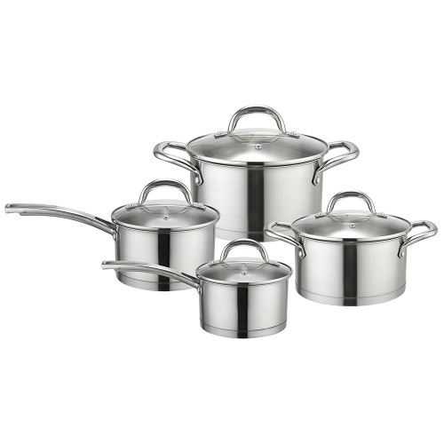 Set otto pezzi di gustose pentole da cucina con manico in metallo