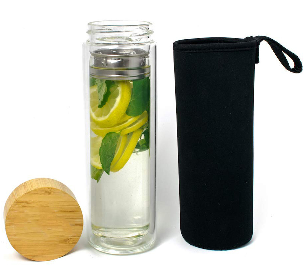 Custom 500ml bamboo lid double wall borosilicate glass tea fruit infuser filter water bottle