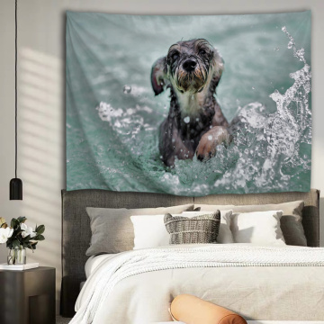 Dog Playing with Water Tapestry Schnauzer Animal Wall Hanging 3D Print Wall Tapestry for Kids Livingroom Bedroom Home Dorm Decor