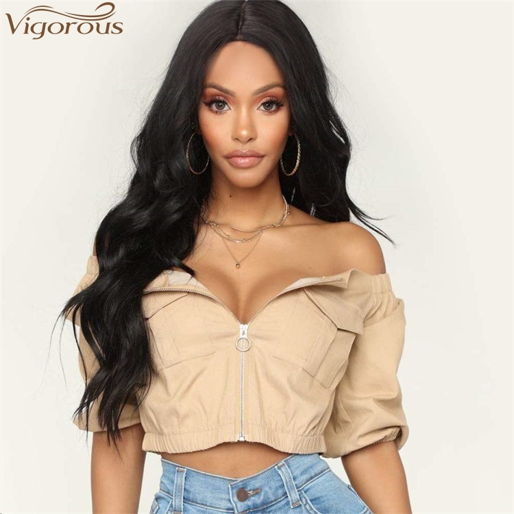 Vigorous Top Quality Long Black Wavy Wigs Middle Part Heat Resistant Synthetic Wave Wigs for Black Women Wholesale Price