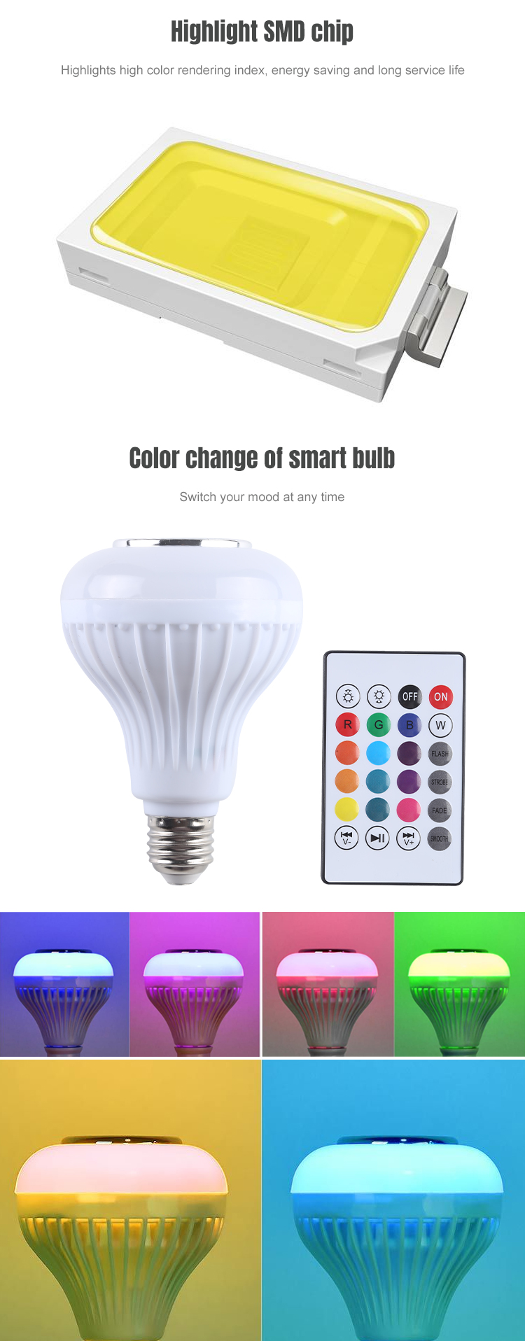 OKELI Smart RGB RGBW Wireless Speaker Bulb 10W LED Lamp Light Music Player Dimmable Audio 24 Keys Remote Controller