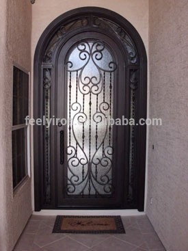 Modern arched iron exterior door with glass