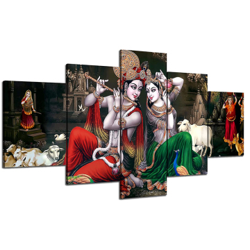 Indian Wall Art: Living Room Decor featuring Lord Radha Krishna Religious Hindu God Pictures, Printing Posters, and 5 Panel Canvas Art