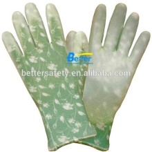 Green Flower Polyester Coated PU Wholesale Work Gloves get free samples