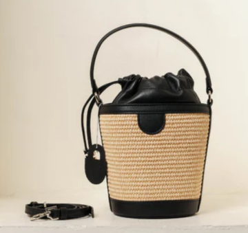 Leather and Straw Drawstring Bucket Bag