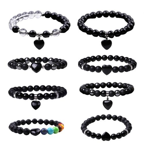 8Pc a Set Gemstone Round Beads With Charm Heart Bracelet 7 Charka Healing Crystal Beads Stretch Bracelet for Women Men