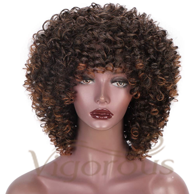 Vigorous Hot Selling Cheap Price Short Fluffy Kinky Curly Ombre Color Machine Made Cosplay For Black Women Synthetic Hair Wigs