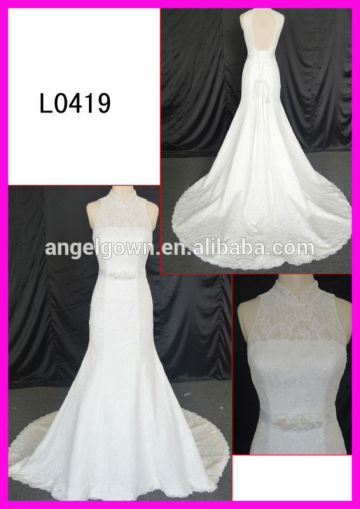 L0419 high collar lace keyhole back wedding dress