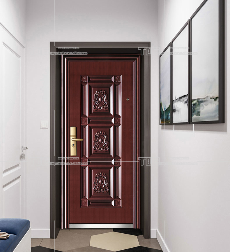 Sun-Resistant Copper Color Main Safety Entrance Door Designs Home with Golden Color Handle