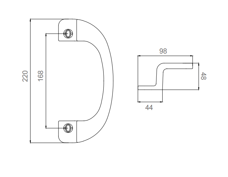 Dimensões técnicas da maçaneta da porta deslizante com distância do furo de 168 mm