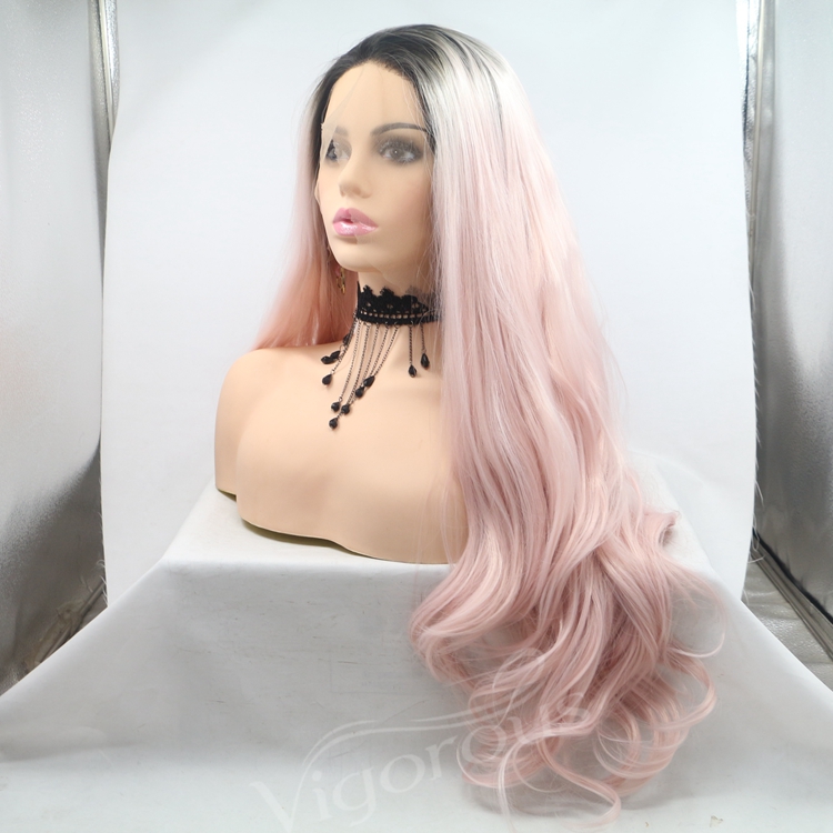 Vigorous ombre long straight premium high quality wholesale black women synthetic hair wigs with lace front