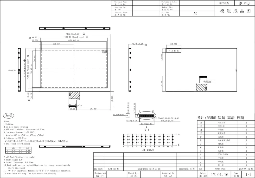8.0 Inch 1024*600 LCD Display with Lvds Interface