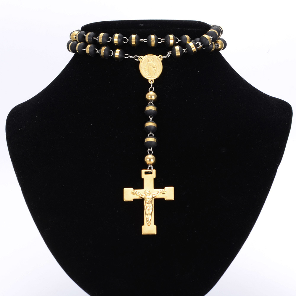 Black Rubber Beads Catholic Rosary Cross Necklace