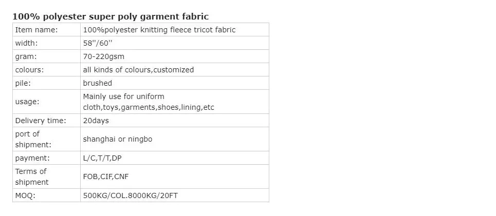 100% Polyester Super Poly Garment Fabric