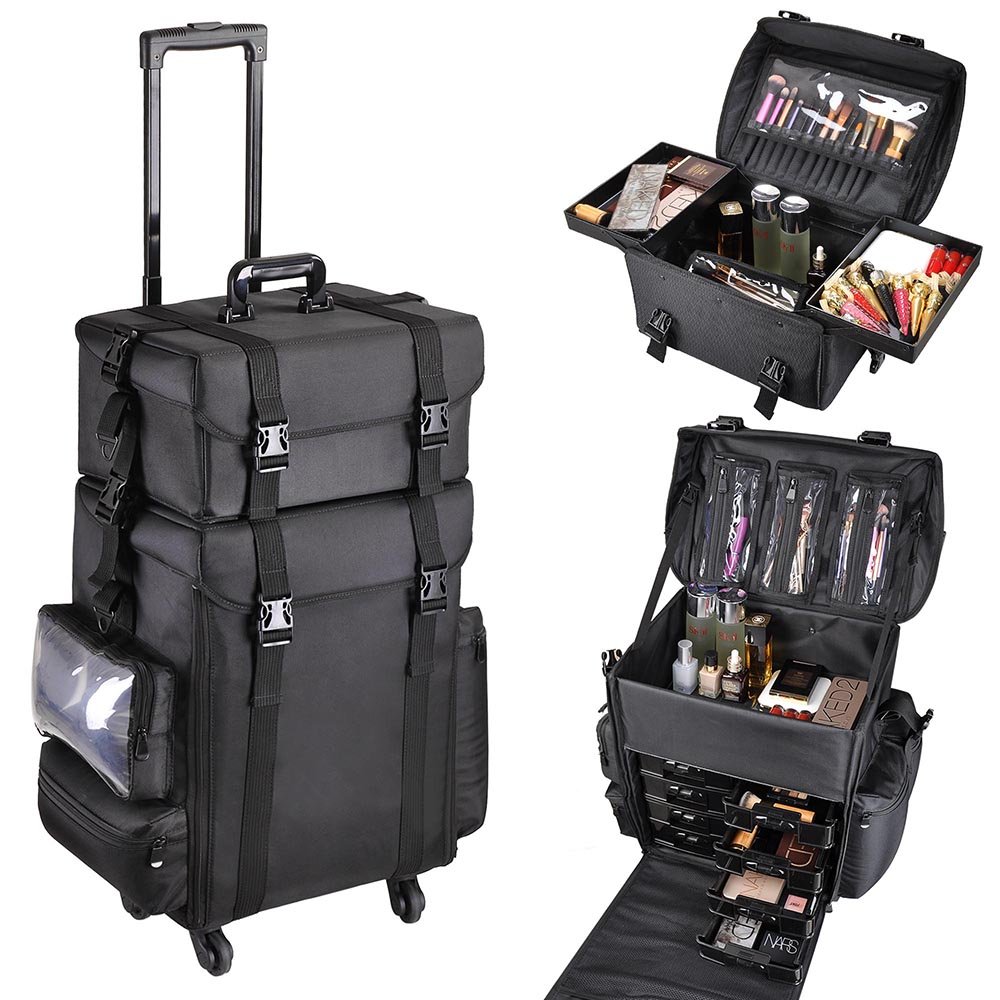 2 in 1 Black Soft Sided Rolling Makeup Case Oxford Fabric Cosmetic Train Bag With Drawers