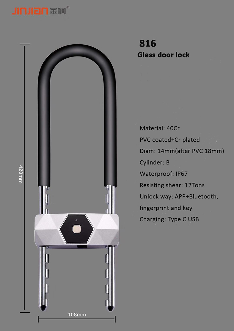 IP67 ALUMINUM ALLOY Smart U Lock với dấu vân tay và tính năng chính cho xe máy, cửa kính