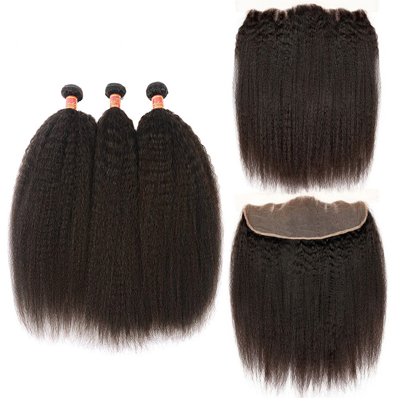 Brazilian Virgin Human Hair Weave Yaki Kinky Straight Wave Bundles With Lace Frontals