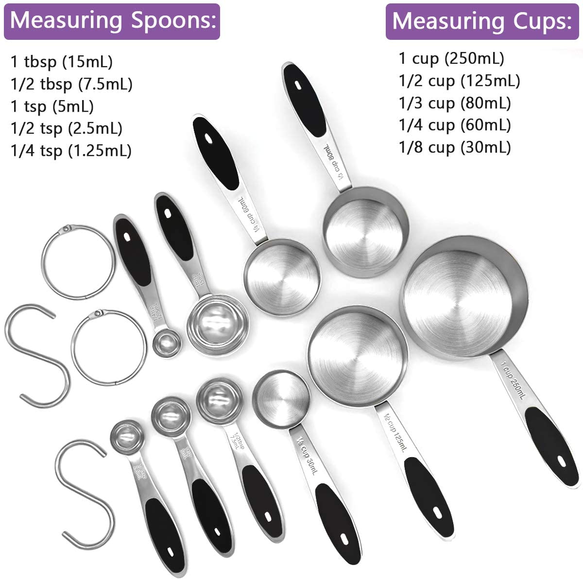 Kitchen Measuring Cups and Spoons Set of 12, 18/8 Stainless Steel Measuring Spoons and Cups with Silicone Handle, Black