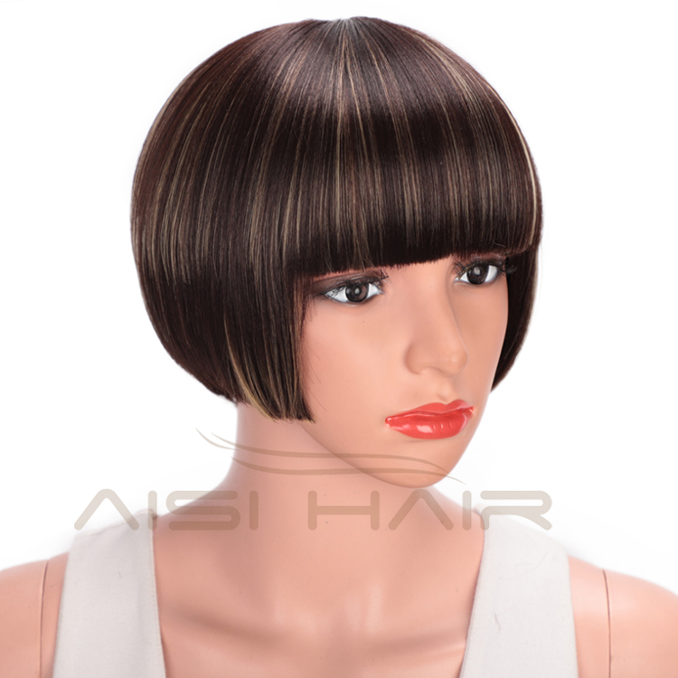 Aisi Hair Short Straight Bob Wigs Heat Resistant Synthetic Fiber Brown Blonde  Mixed Colors Short Bob Wigs with Neat Bangs