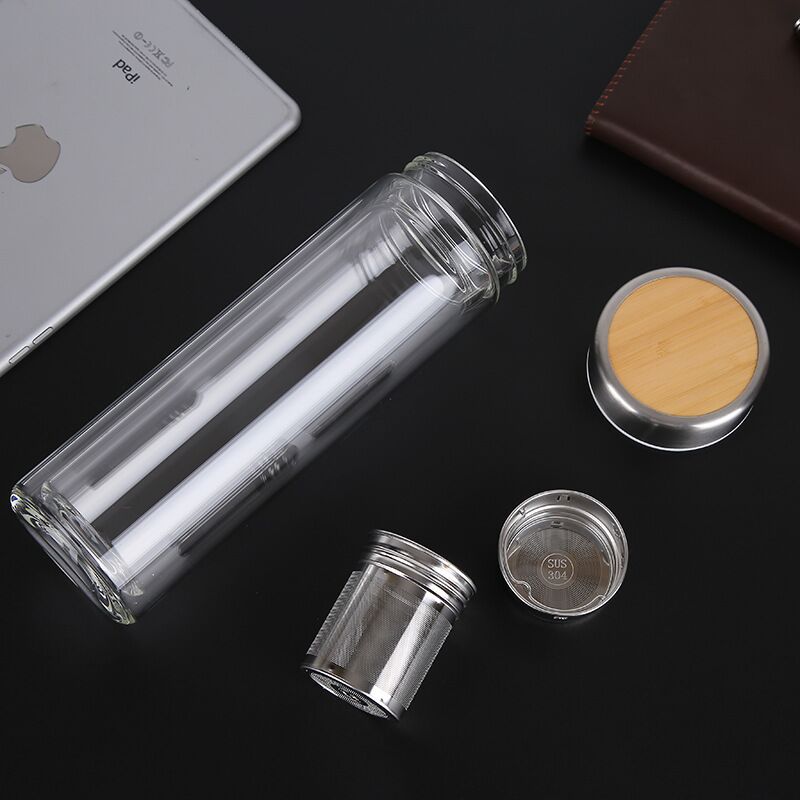 450ml New Bamboo Lid Double Wall Glass Water Infuser Bottle with Color Lid