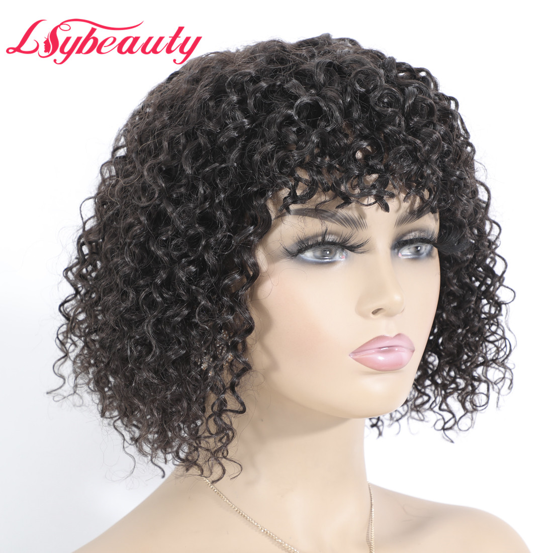 Non Lace Short Pixie Curly  Brazilian Human Hair Wig With Fringe Bangs 100% Human Hair Jerry Curl Wigs For Black Women