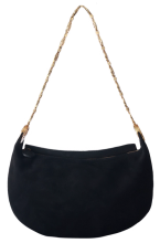 Black suede gold crescent moon handbag