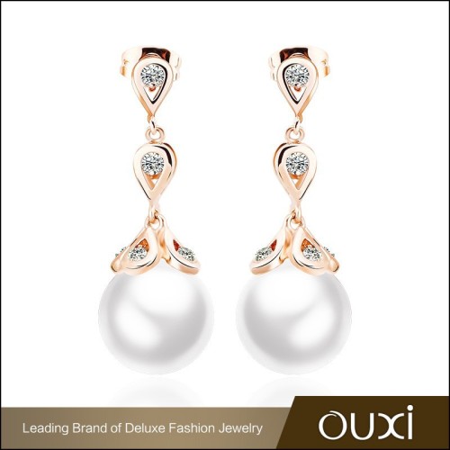 OUXI fashion unique design zircon jewelry fancy long dangle pearl stud earrings