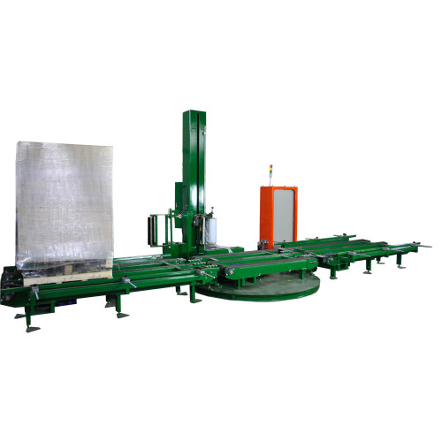 Fully automatic inline chain conveyor pallet wrapper