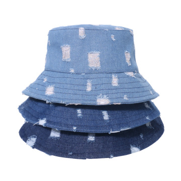 Customization Ready Distressed Vintage Bucket Hat with Blue Jeans Cotton Denim