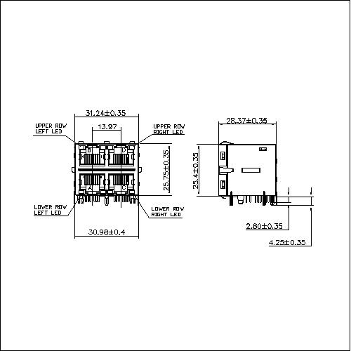 ATRT-6-C-A-X-004 RJ45 2X2 PORT WITH TRANSFORMER 100Mbps WITH LED