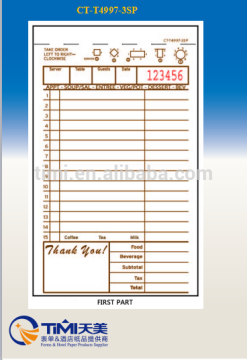 FSC paper CT-T4997-3SP customized carbonless restaurant guest check