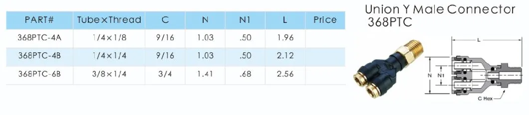 PTC Composite Brass Collect Union Y Male Connector 368 PTC Pneumatic Push-in DOT Fittings